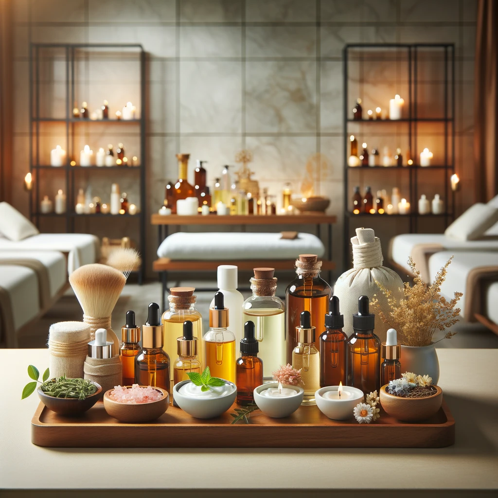 A luxurious spa setting with a focus on a beautifully arranged set of aromatherapy oils and natural skincare products. The backdrop is a well lit cle Life Day Spa Rosebank: An Oasis of Relaxation in the Heart of Johannesburg