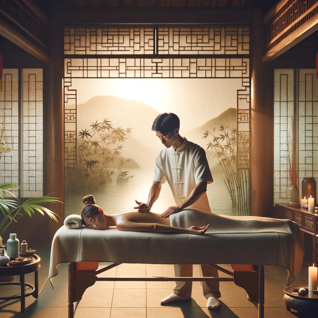 A serene and peaceful setting depicting a professional Tui Na therapist performing Chinese massage therapy on a relaxed client in a tranquil spa envir The Ultimate Guide to Chinese Massage in South Africa: Benefits and Where to Find the Best Services