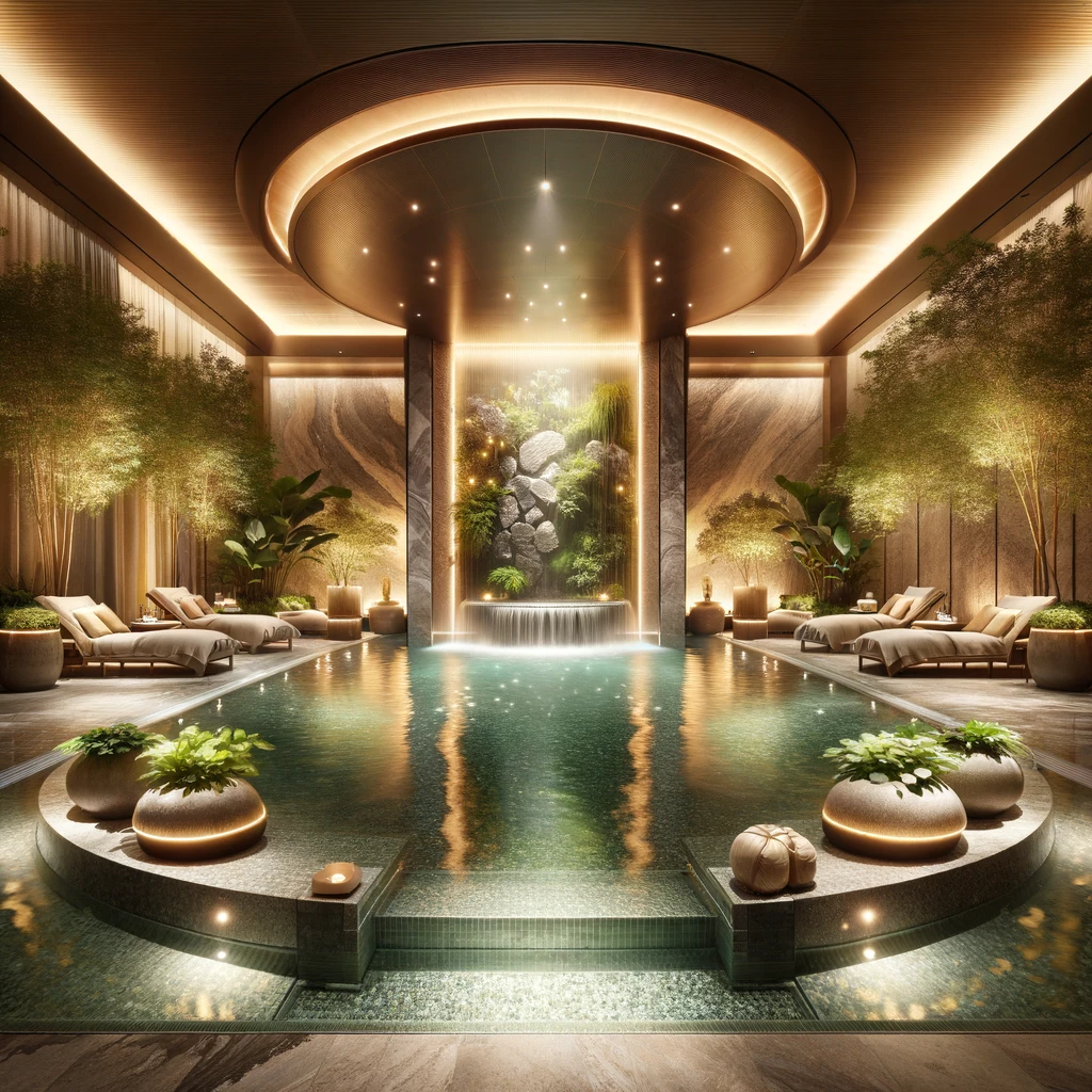 An elegant and peaceful hydrotherapy pool area within a luxurious spa featuring warm inviting water and surrounded by soft ambient lighting. The de Life Day Spa Rosebank: An Oasis of Relaxation in the Heart of Johannesburg